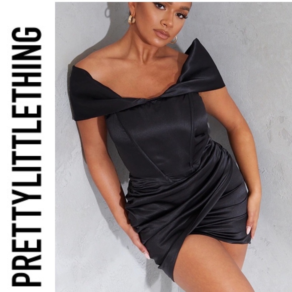 Pretty Little Thing Black Bardot ruched dress